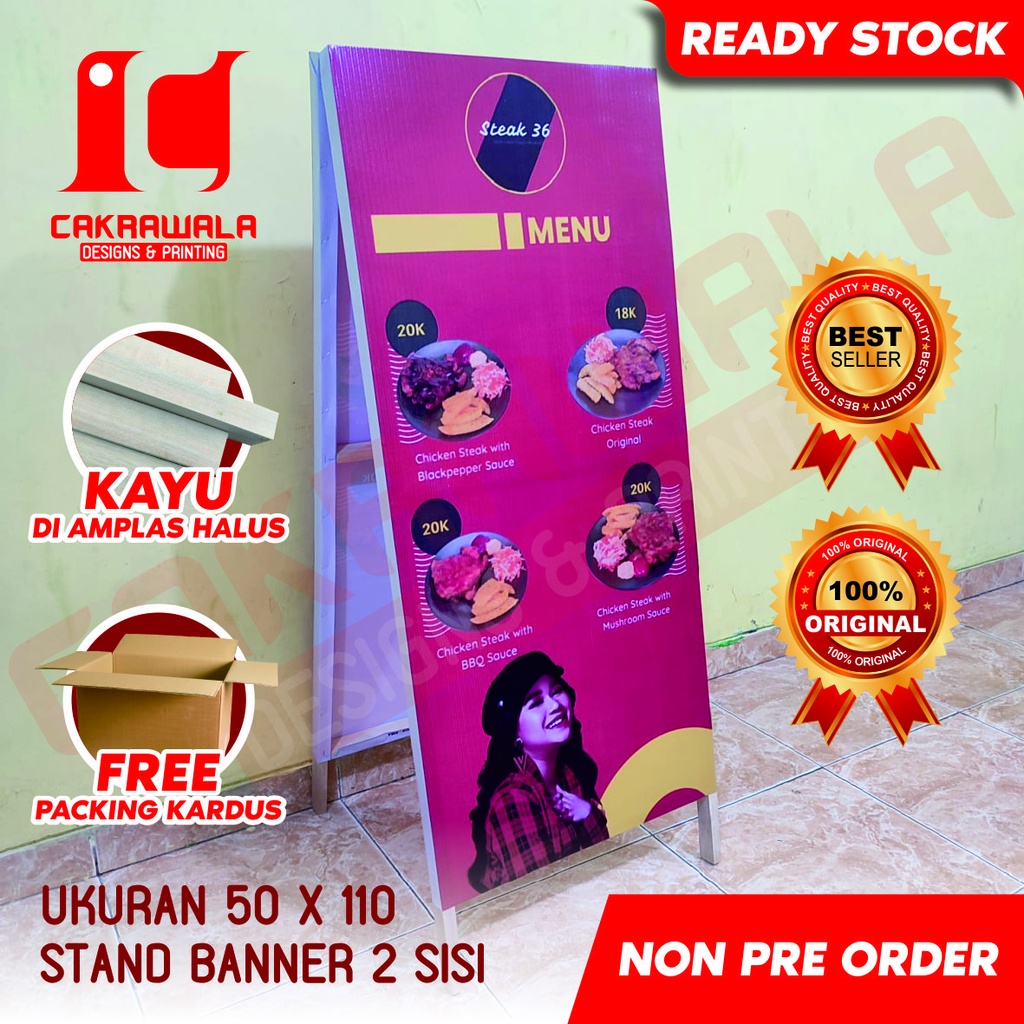 STAND BANNER KAYU JUALAN STEAK UKURAN 50 X 110 - STANDING BANNER KAYU - SEGITIGA BANNER KAYU - SEGIT