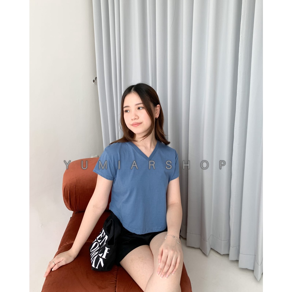 KAOS CROP TOP POLOS KERAH V COTTON | BAJU KAOS TUMBLR CROP TEE TSHIRT KAOS KOREA FASHION WANITA SAGE