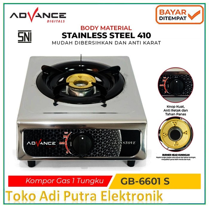 Kompor Gas 1 Tungku Murah Full Stainless Advance GB-6601S Garansi Resmi