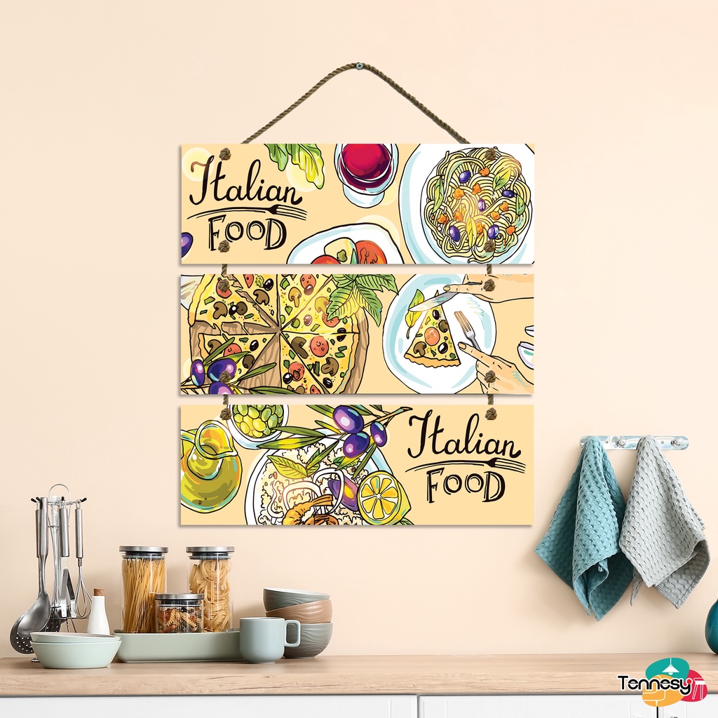 TENNESY Hiasan Dinding Dapur Italian Food 3 Susun Dekorasi Dinding Dapur Kitchen Pajangan Kayu Poster Dekorasi Rumah