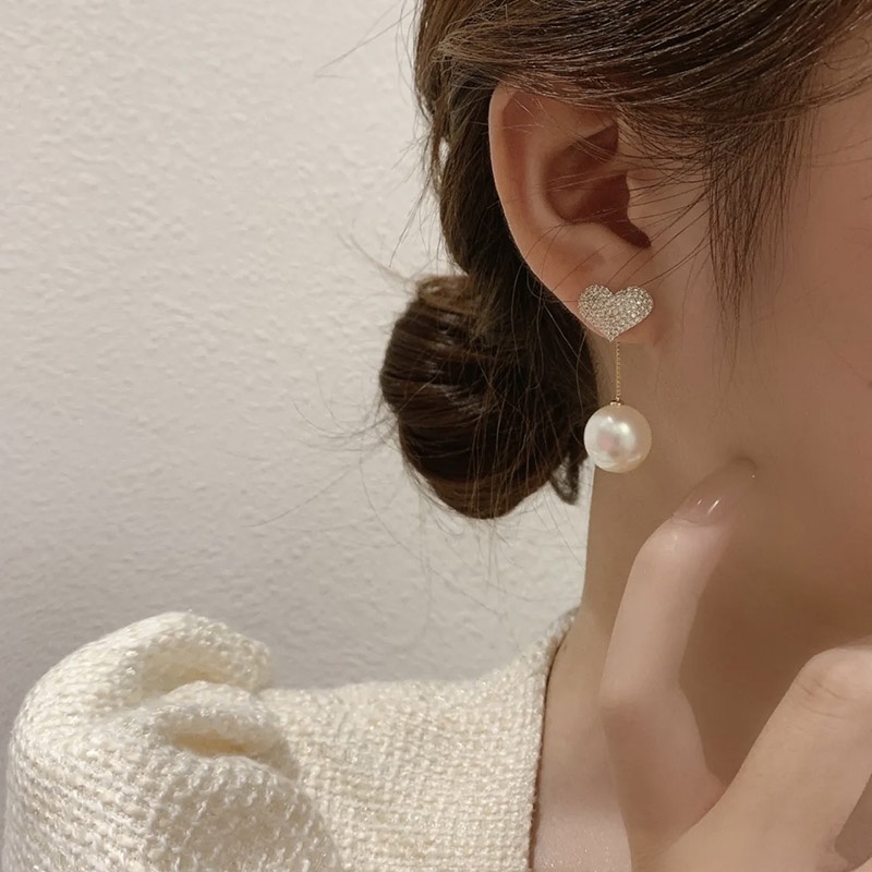 Jepang Jepang Korea Selatan Gaya Baru Mutiara Berlian Imitasi Cinta Hati Anting Satu Gaya Dua-Pakai Temperamen Anting Elegan