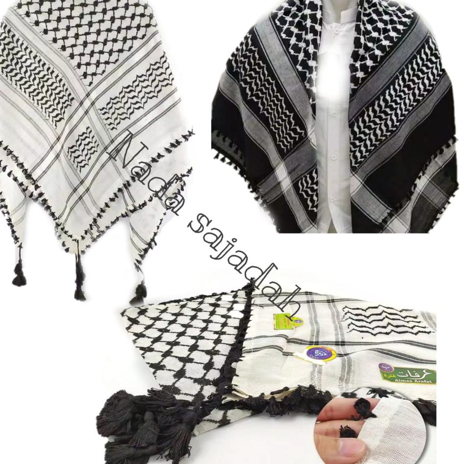 ➦ &Sorban Kashmiri ARIFAT  Segi Empat Rumbai Kusus Hitam & Putih Viral Original India Sorban Exclusi