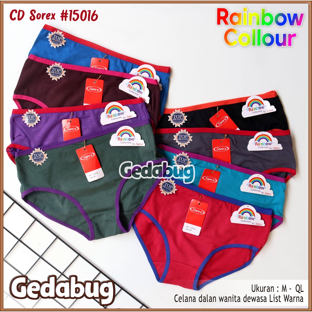 3 Pcs - CD Wanita Sorex 15016 List Rainbow Colour | Celana dalam wanita dewasa Super Soft | Gedabug