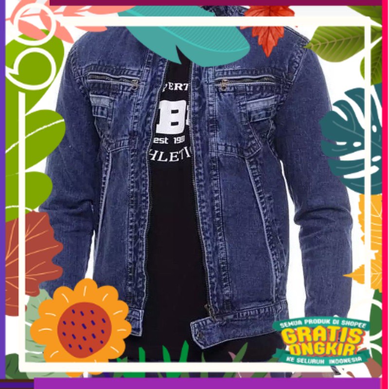 JAKET JEANS PRIA KERAH TINGGI RESLETING JAKET JEANS COWOK TB BANDUNG MURAH JEANS BOMBER / reguler ju