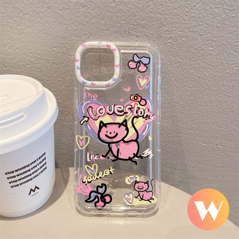 IPHONE Ins Graffiti Phone Case Kompatibel Untuk Iphone11 13 12 14 Pro Max XR X7 8 6s 6 Plus XS Max SE 2020 Lucu Kartun Cinta Hati Kucing Lembut Silicon TPU Airbag Shockproof Clear Cover