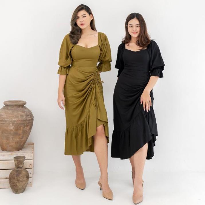 Tren Kekinian.. Paulin Dress WOLFIS Jumbo Size | Dress Party Big Size Tali Serut Bawah | Midi Dress 