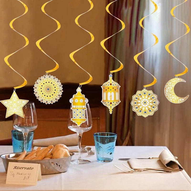 6 Pcs / Set Classic Ramadan Star Moon Shape Spiral Banner Pendant / Exquisite Eid Mubarak Series Pattern Cardboard Decor / Muslim Festive Hanging Ornament