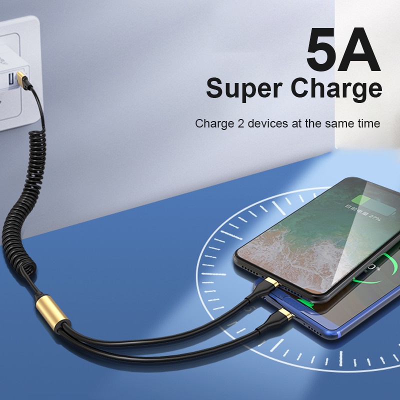 Kabel USB 5A Tipe C Fast Charging Micro USB Wire Untuk Tipe C Micro USB 2in1 Retractable Charge Cord