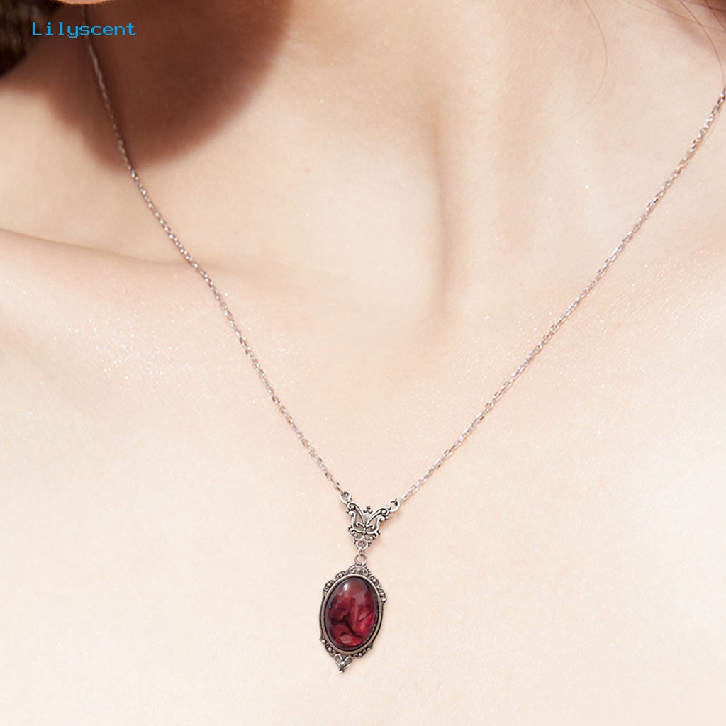 [LS] Liontin Kalung Elegan Oval Desain Vintage Indah Merah Kuarsa Pesona Kalung Kupu-Kupu Kalung Pakaian Sehari-Hari