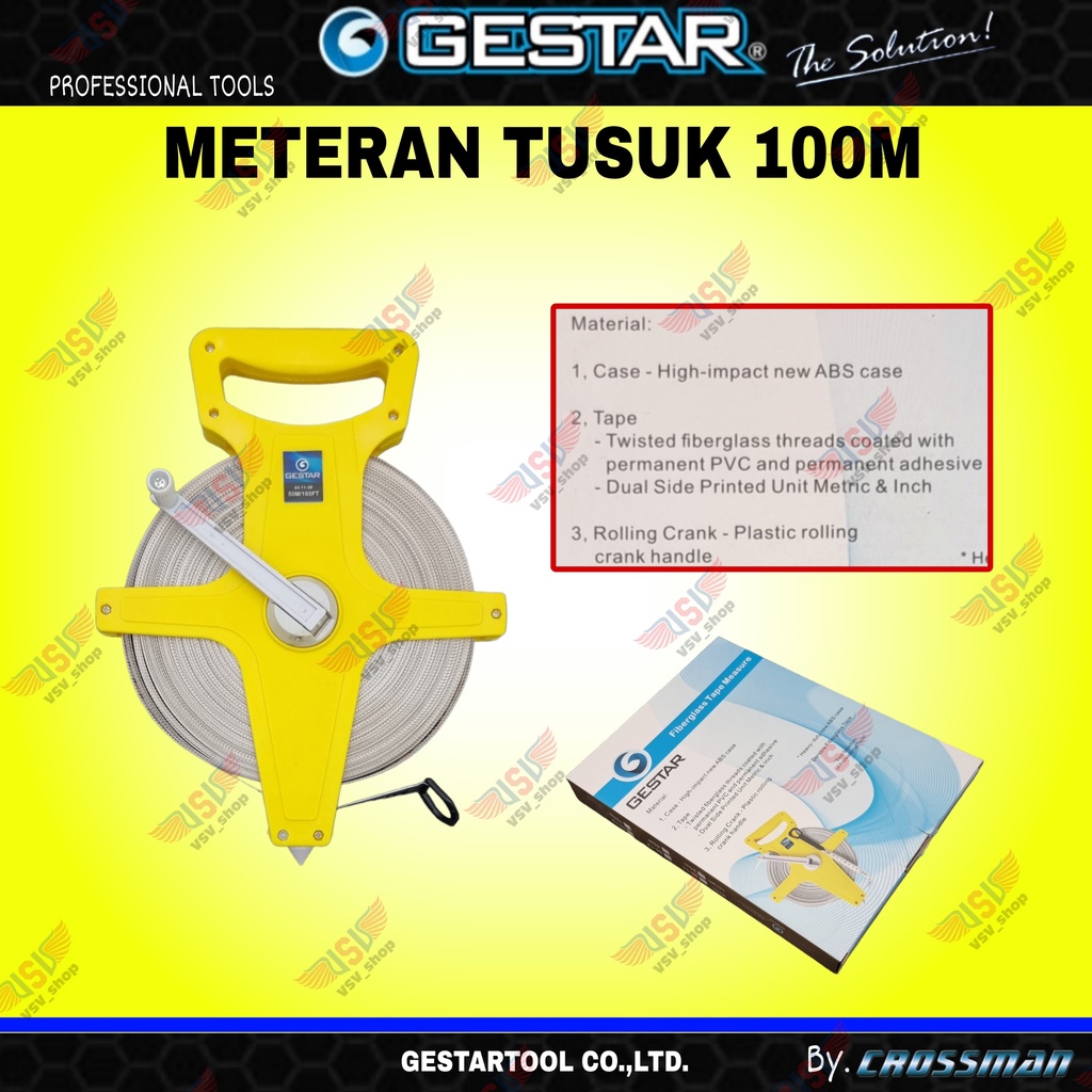 GESTAR Meteran Roll Tusuk 100m Meteran Gulung Tancap Fiber Meteran Tanah