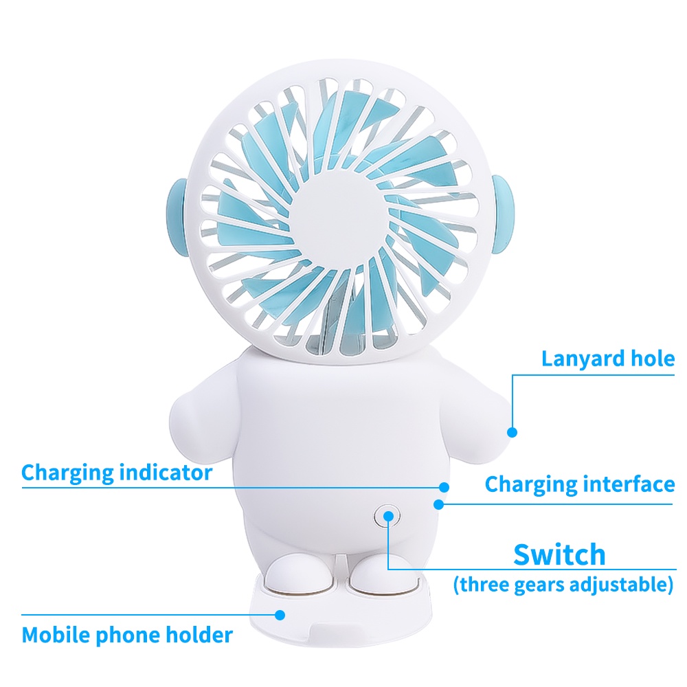 Mini Angin Kencang Silent USB Charging Mobile Fan Astronot Phone Holder Biru Pink Spaceman Portable Kipas Desktop Genggam Kecil