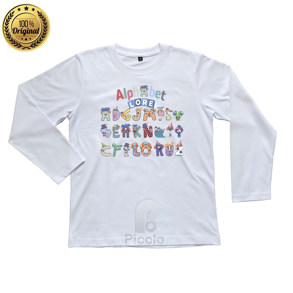 (FREE NAMA) BAJU KAOS ATASAN LENGAN PANJANG ANAK MOTIF ALPHABET LORE BADUT UNISEX