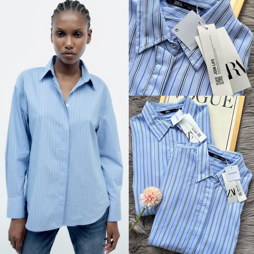 MNG/ZR cotton striped overiszed cotton button up blouse