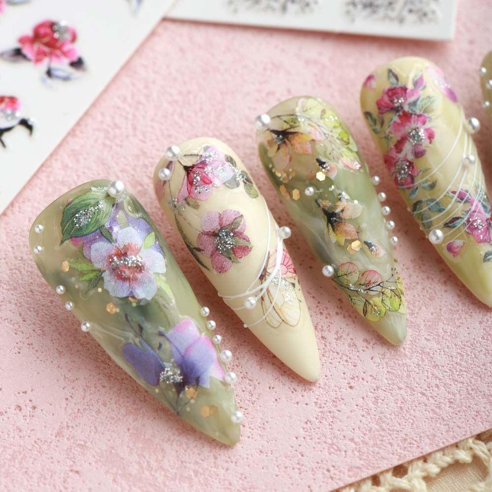 AUGUSTINA Agustina Bunga Stiker Kuku Fashion Ins Gaya Musim Semi Bunga DIY Nail Art Manicure Aksesoris Perekat Diri Nail Art Dekorasi