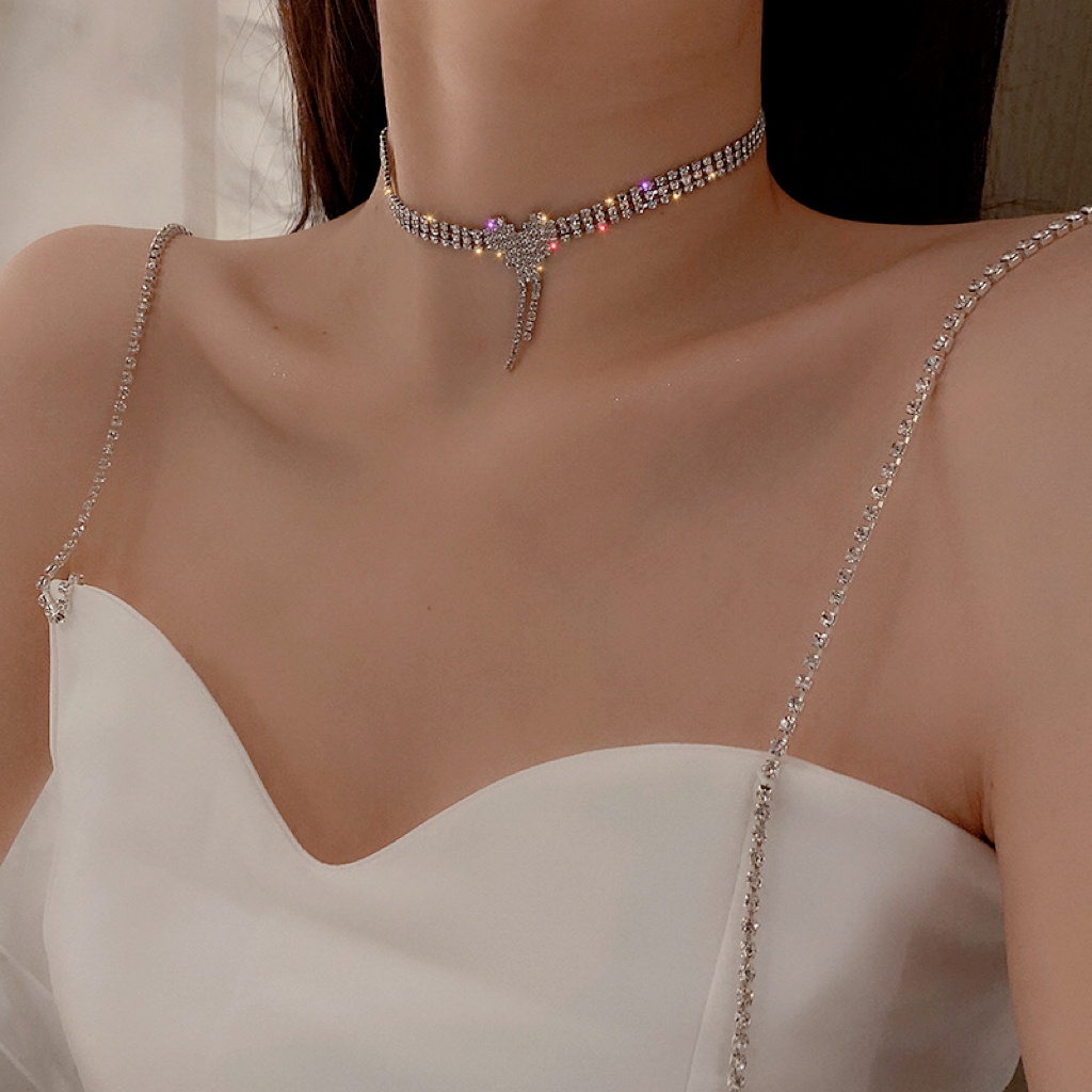 Heart Jumbai Kalung Choker Rantai Klavikula Kristal Silver Untuk Aksesoris Perhiasan Wanita