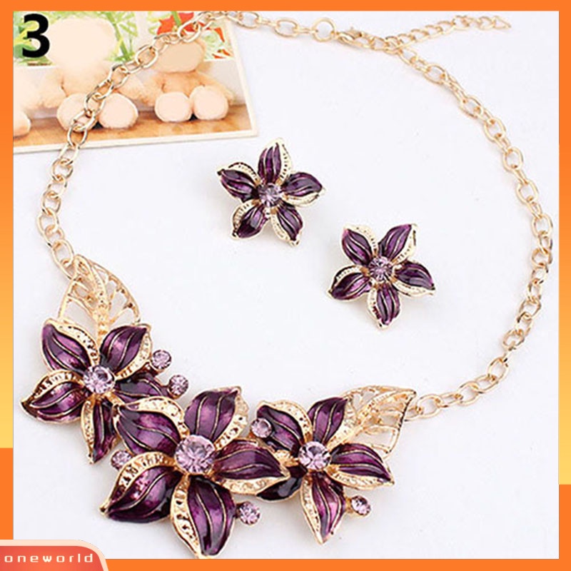 OW@ Fashion Women Rhinestone Flower Statement Pendant Necklace Earrings Jewelry Set