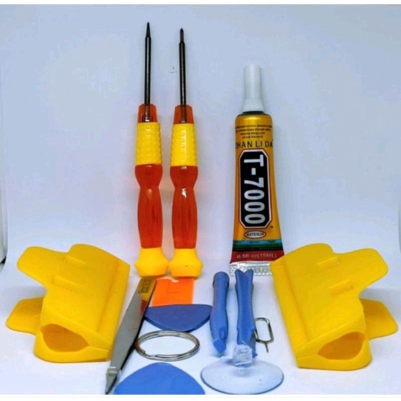 PAKET MURAH ALAT SERVICE HP OBENG 10 IN 1 + PENJEPIT 2 PCS + LEM LCD T7000 15 ML
