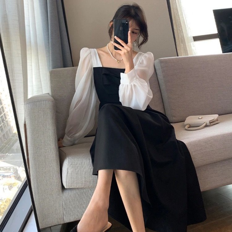 Korea style a-line hitam dress minimalis fashion dress Lengan Panjang Dress