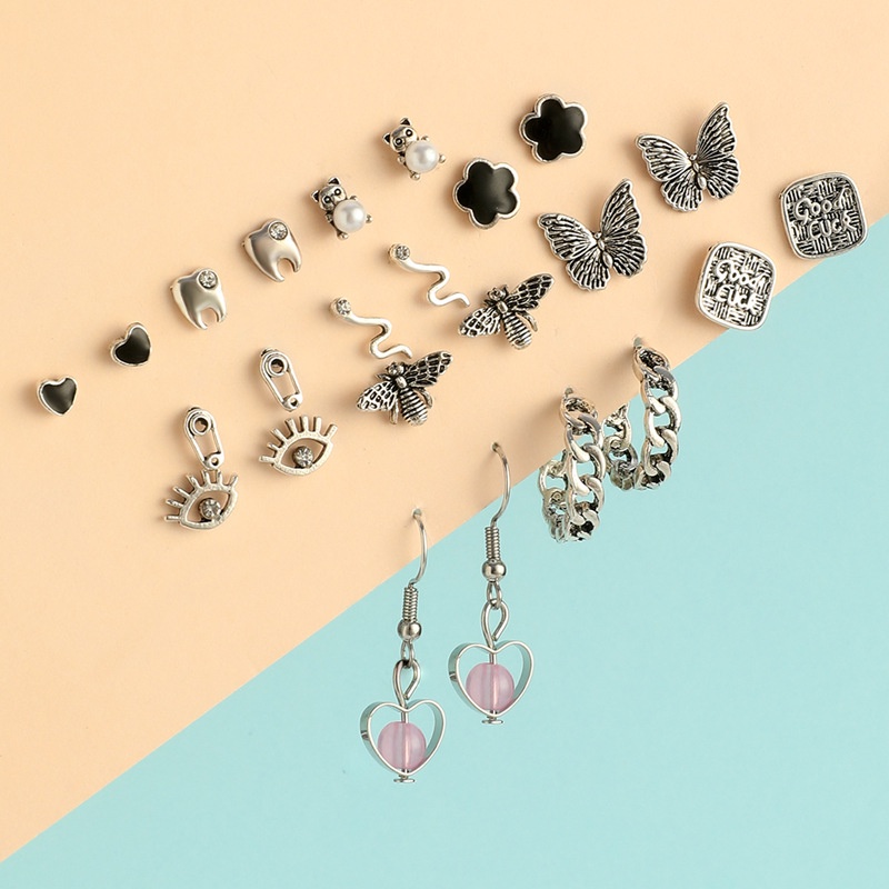 Pribadi Retro Kupu-Kupu Kecil Gigi Ular Gigi Mata Lebah Mutiara Rantai Anting Set