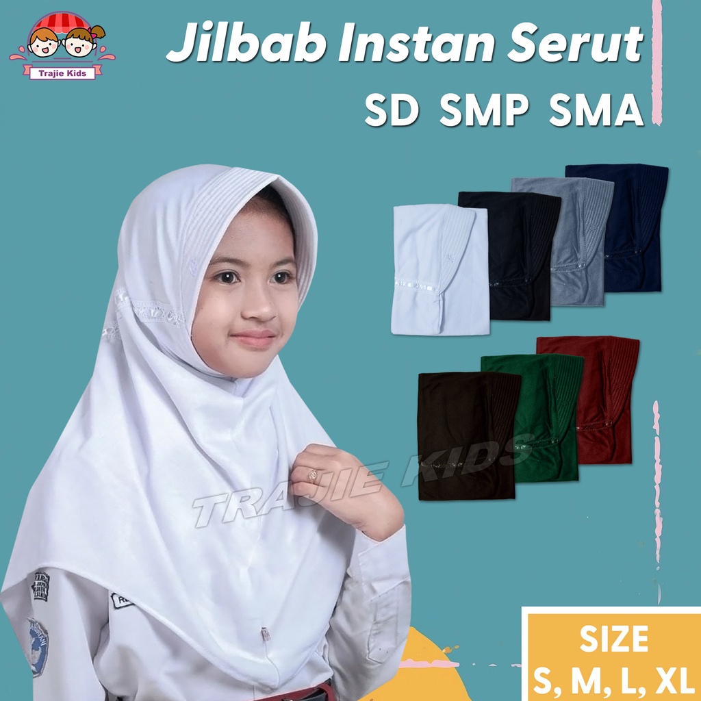 Jilbab Sekolah TK SD SMP SMA Bergo Serut Instan Putih Hitam Cokelat Abu Biru Hijau Merah Kerudung Hi