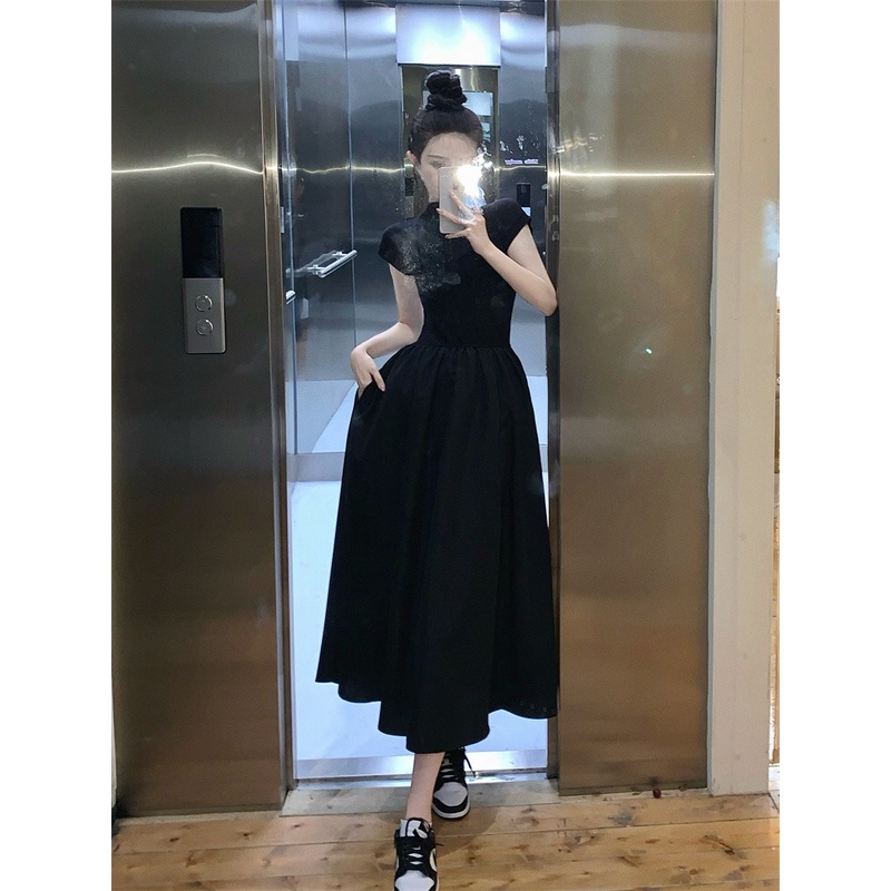 Red Perancis temperamen hitam lengan pendek gaun musim panas gaun hitam kecil ramping rok A-line wanita rok panjang rok high-end