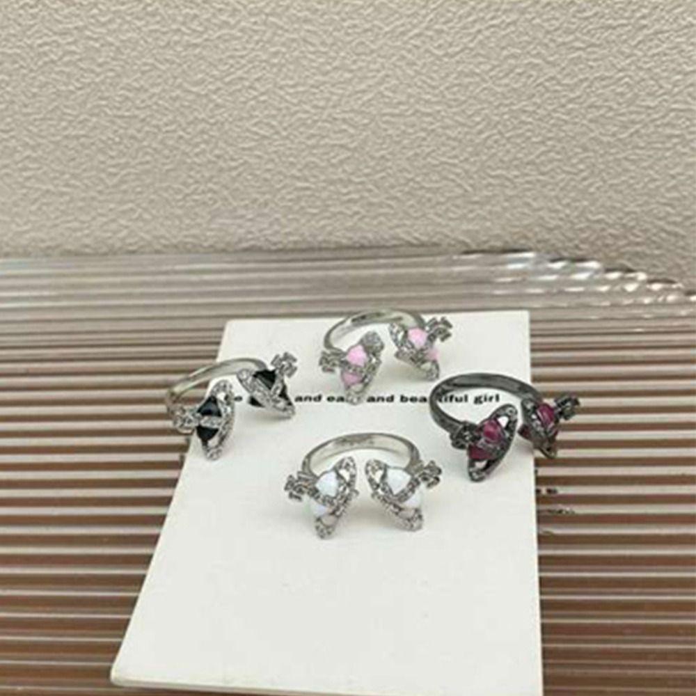 [Elegan] Wanita Saturn Cincin Lucu Adjustable Menawan Planet Ganda Jantung Niche Desain Berlian Imitasi Tembaga Pembukaan Cincin Gaya Korea Cincin