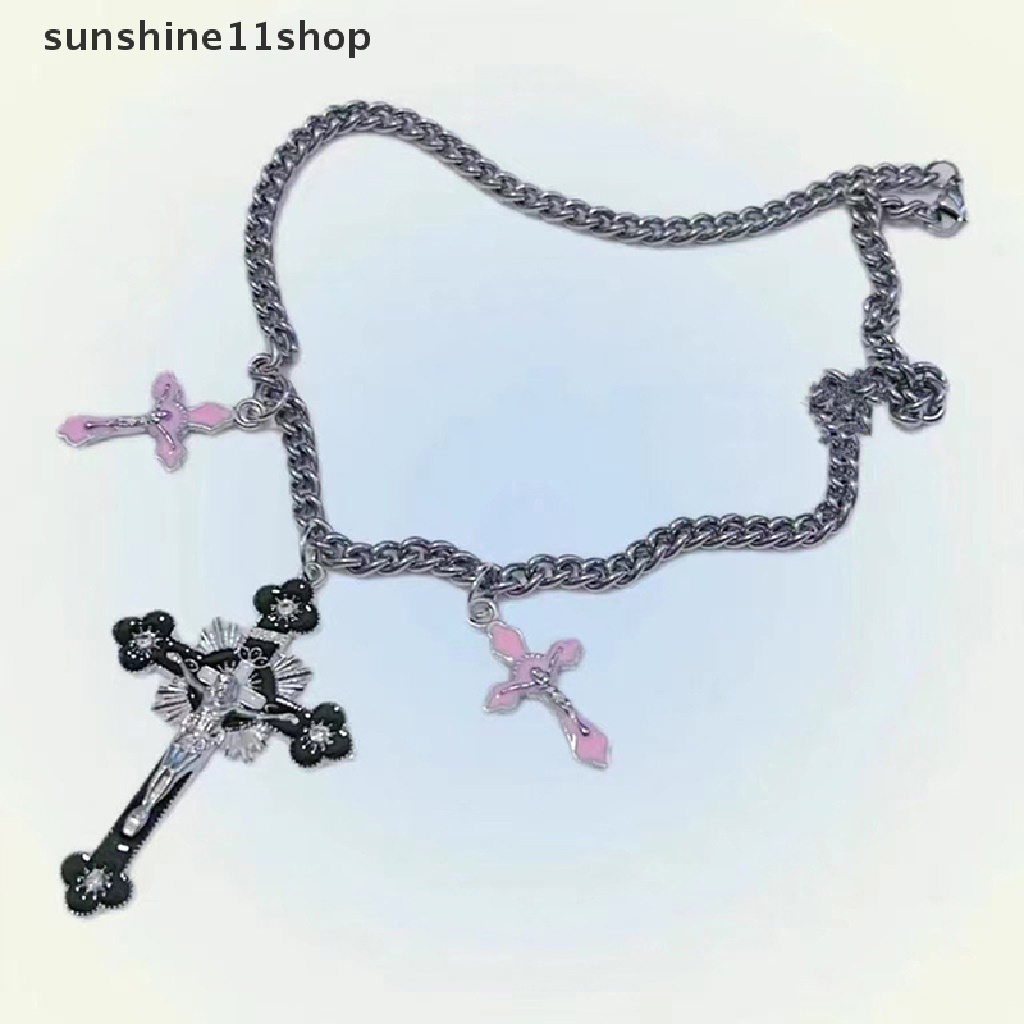 Sho Punk Rain Skull Cross Necklace Korea Fashion Aesthetic Unik Liontin Kalung Wanita Keren Egirl Jewelry Chain N