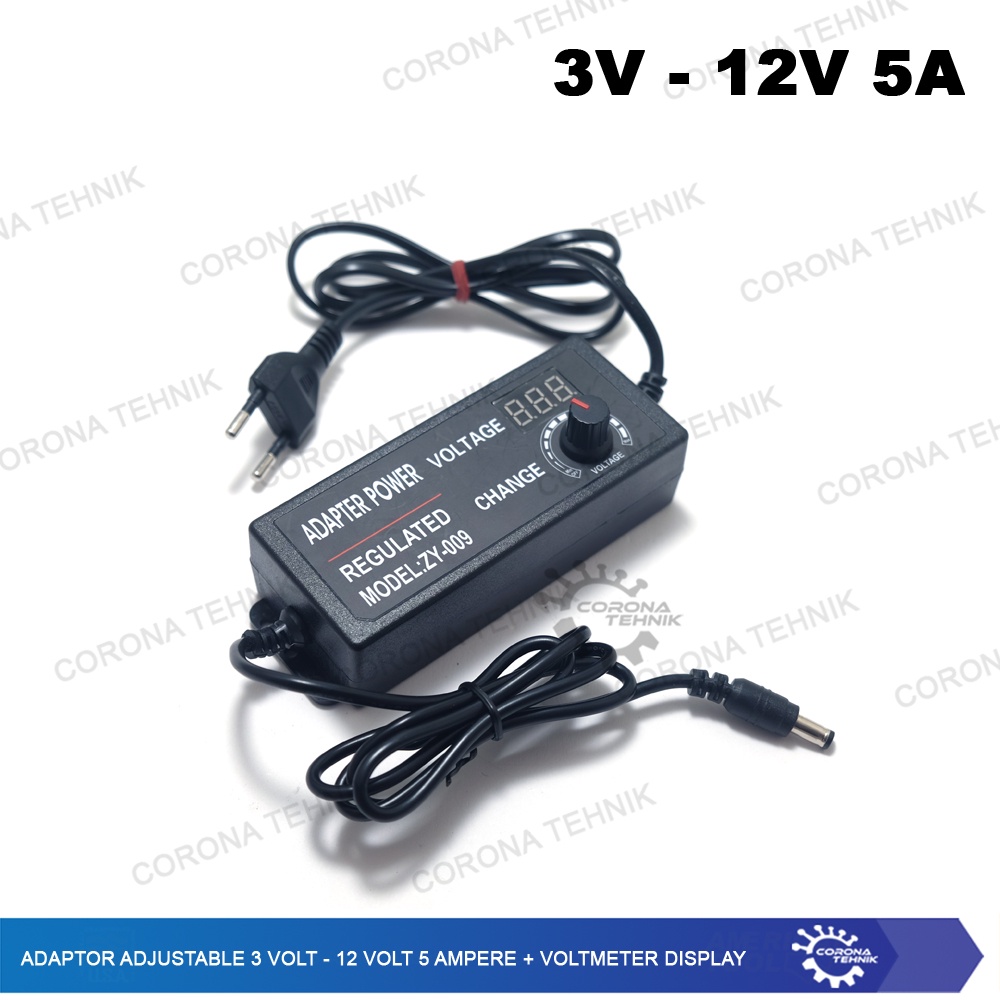 3 Volt - 12 Volt 5 Ampere + Voltmeter Display Adaptor Adjustable