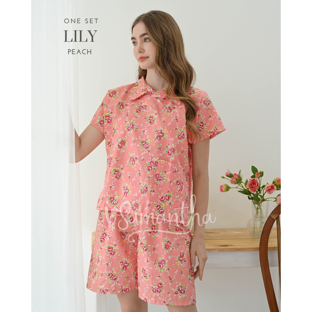 One Set Piyama / Pajamas Crop Motif Lily Peach