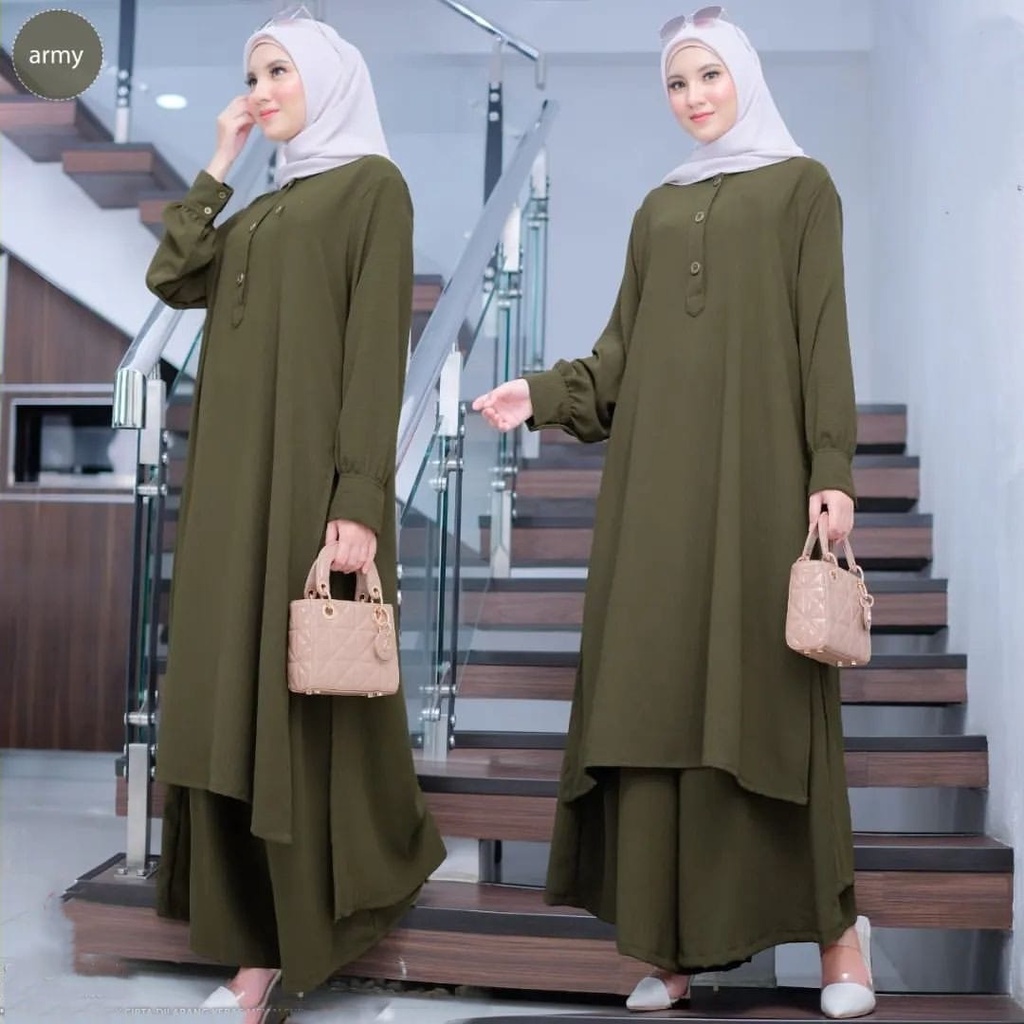 Aira Set Setelan Celana Wanita 2in1 Kekinian Bahan Crinkle Long Tunik dan Celana Jumbo LD 110 Motif Polos Terbaru 2023 Pakaian Muslim Wanita