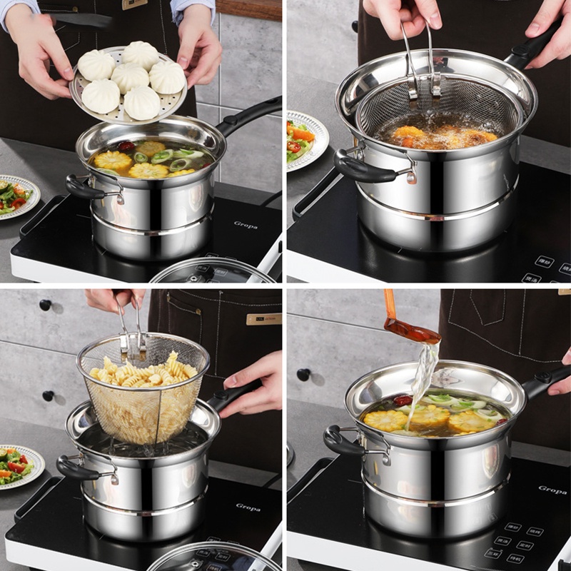 PANCI SERBAGUNA COOKING POT 3 IN 1 22 CM / DEEP FRYING / NOODLE POT / PANCI MULTIFUNGSI PANCI MIE / panci dengan saringan kukusan tutup kaca goreng kukus rebus tim presto ungkep daging ayam sapi kambing masak mie menggoreng kentang goreng sop sayur soto