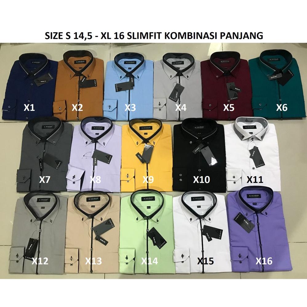 Kemeja Alisan Slimfit Kerah & Lengan Kombinasi Panjang 14 - 16