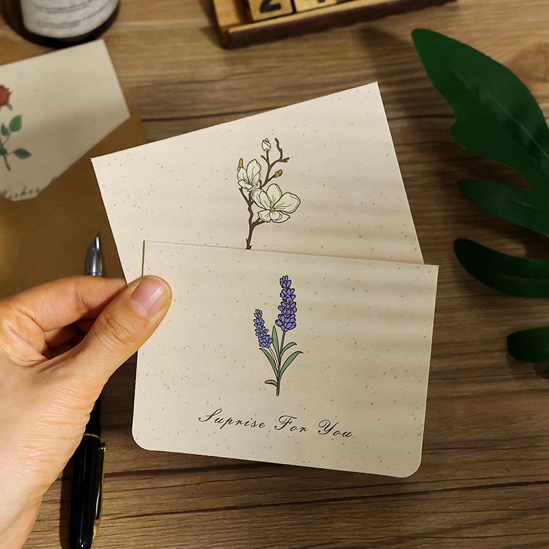 6pcs Set Kartu Hadiah Seri Bunga Retro Ringkas Vintage Foldable Wish Card