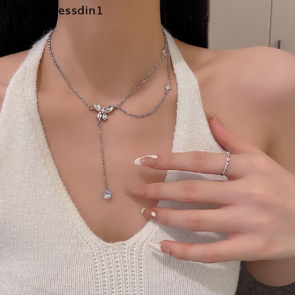 [Brightnessdin1] Rumbai Panjang Kristal Liontin Kalung Fashion Zirkon Kupu-Kupu Kalung Gothic Manis Vintage Wanita Perhiasan Kalung Butik