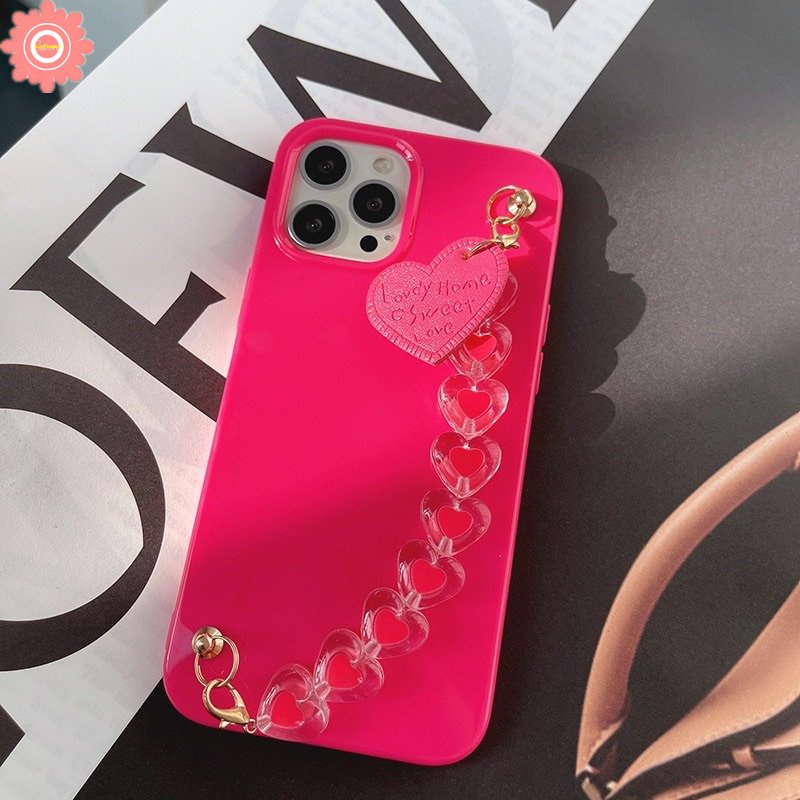 IPHONE Casing Ponsel Gelang Tangan Mewah Kompatibel Untuk Iphone11 7plus XR 14 13 12 Pro Max7 8 Plus X XS Max SE 2020 Simple Glossy Halus Lembut Tpu Dengan Penutup Tali Gelang Love Heart