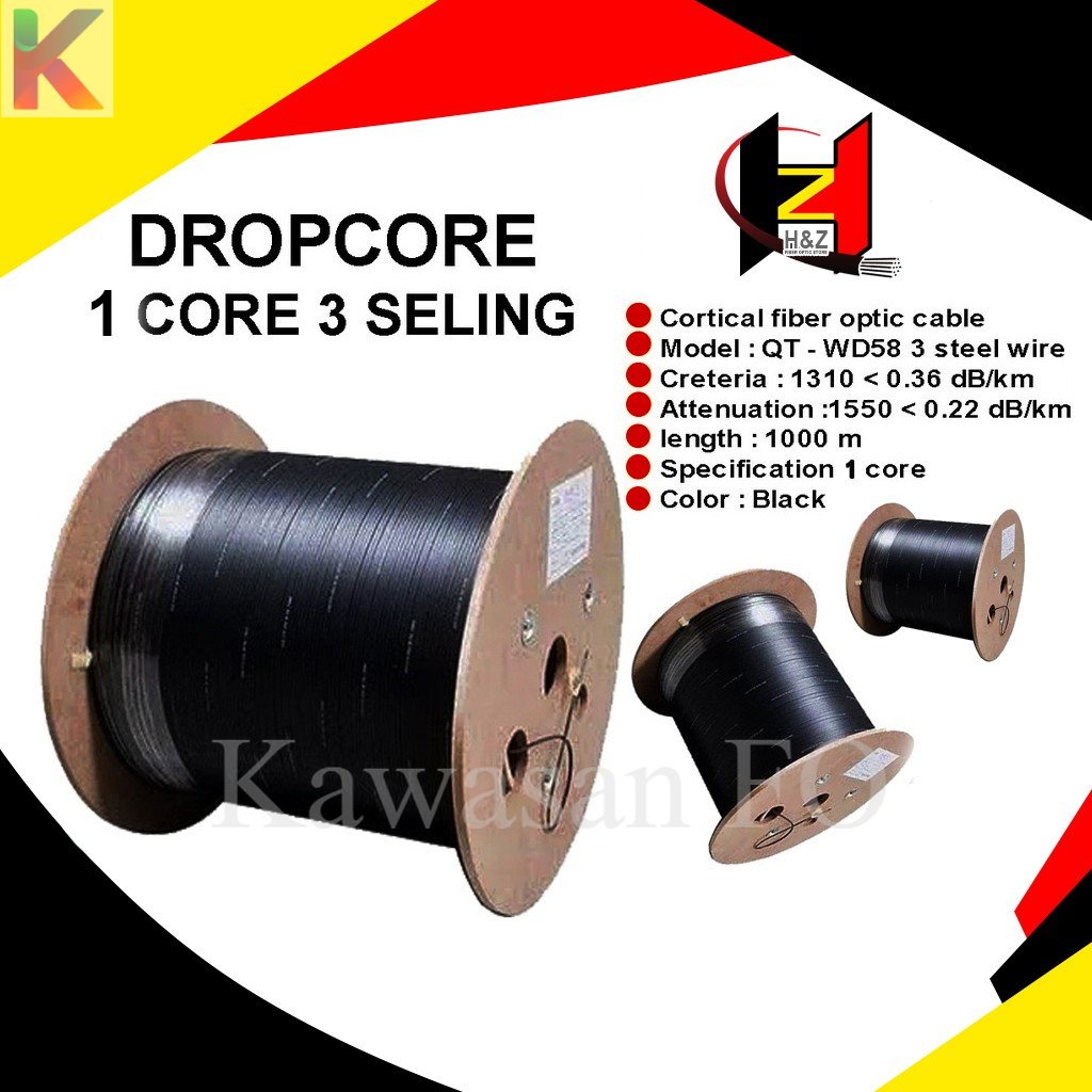 Kabel Dropcore 1 Core 3 Seling / Kabel FO DropWire 1 Core 3 Sling FTTH Cable FO 1000 Meter