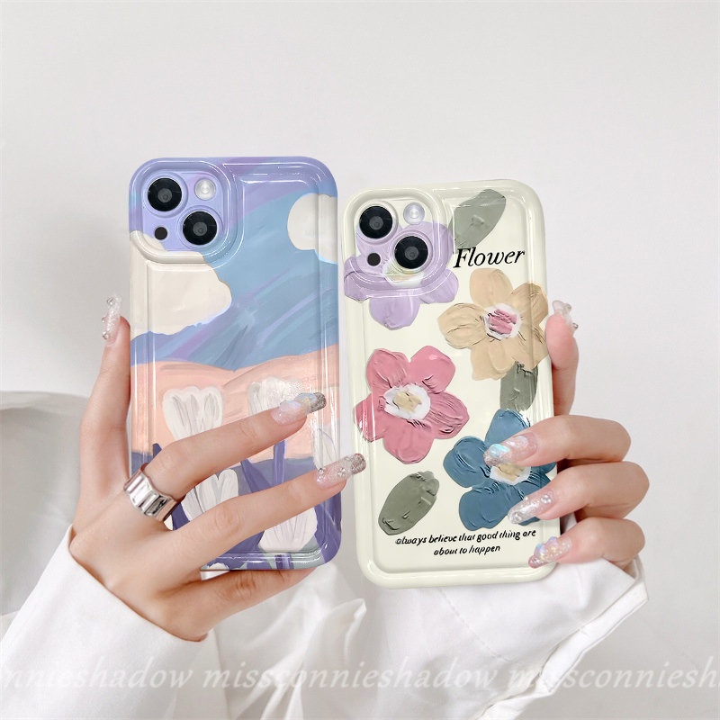 IPHONE Fashion Fresh Art Flower Tulips Lukisan Minyak Flowers Casing Ponsel Kompatibel Untuk Iphone11Xr 14 13 12 Pro MAX 6 6S 7 8 Plus X XS MAX Lembut TPU Shockproof Airbag Bening Penutup Belakang