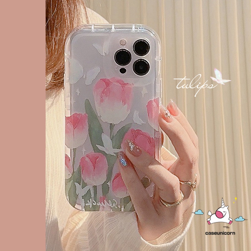 IPHONE Kompatibel Untuk Iphone14 Pro Max11 13 12 Pro MAX XR 6 6S 7 8 Plus X XS MAX Fashion Segar Musim Semi Bunga Tulip Kupu-Kupu Shockproof Lembut TPU Airbag Phone Case