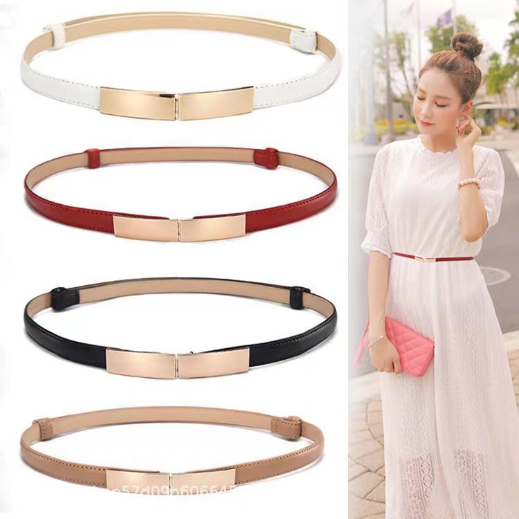 Ikat Pinggang Wanita Kulit Imitasi Slim Casual Warna Warni - Women Belt Thin Skinny Metal Gold ElastiC