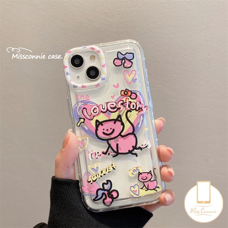 Ins Graffiti Cinta Hati Case Kompatibel Untuk iPhone 11 Pro Max7 6s 86 Plus XR 13 14 11 12 Pro Max X XS Max SE 2020 Lembut Tpu Kartun Kucing Airbag Shockproof Clear Phone Cover