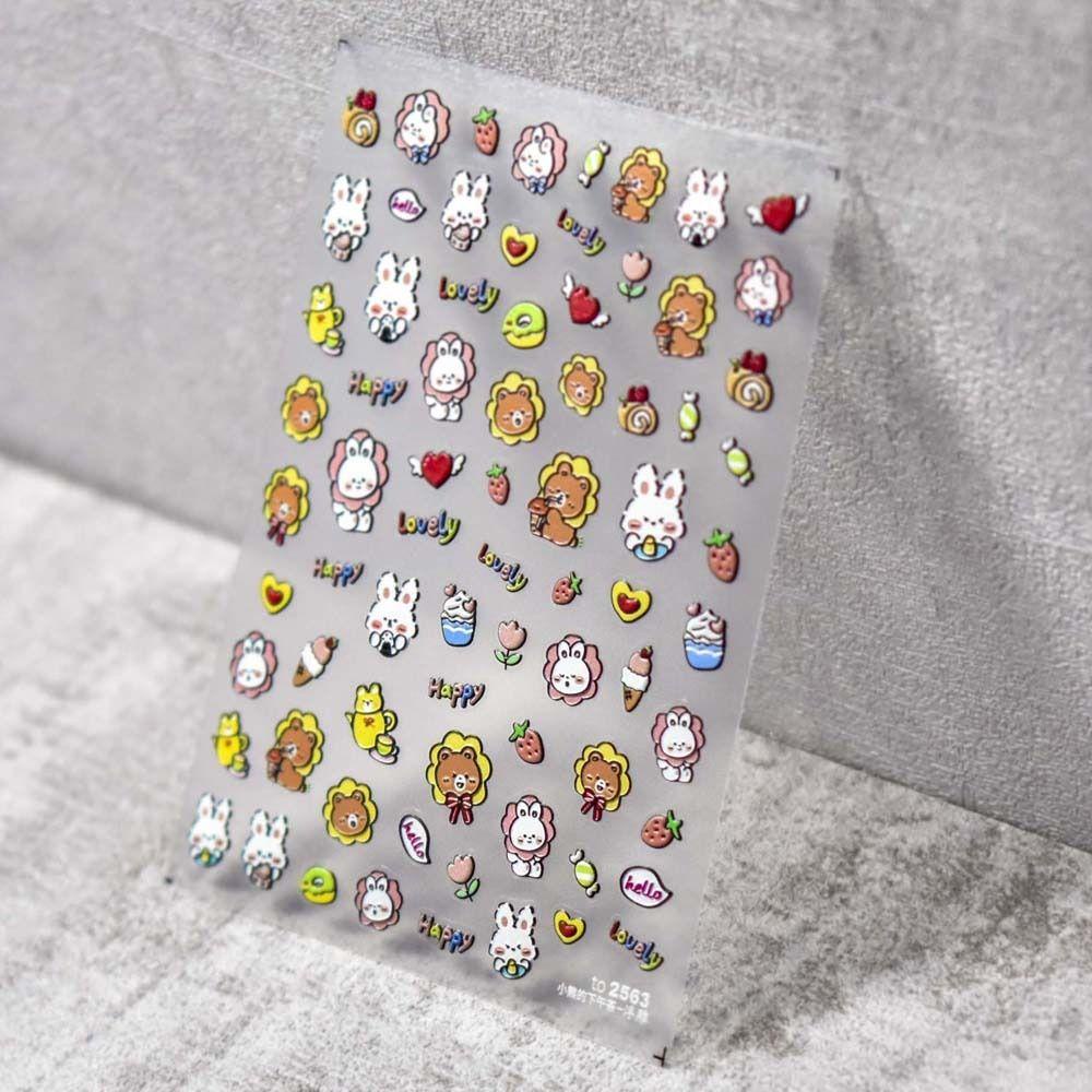 AUGUSTINA Agustina Kartun Stiker Kuku Wanita 5D Relief Manikur Aksesoris Bunga Perekat Diri Beruang Stiker Kuku