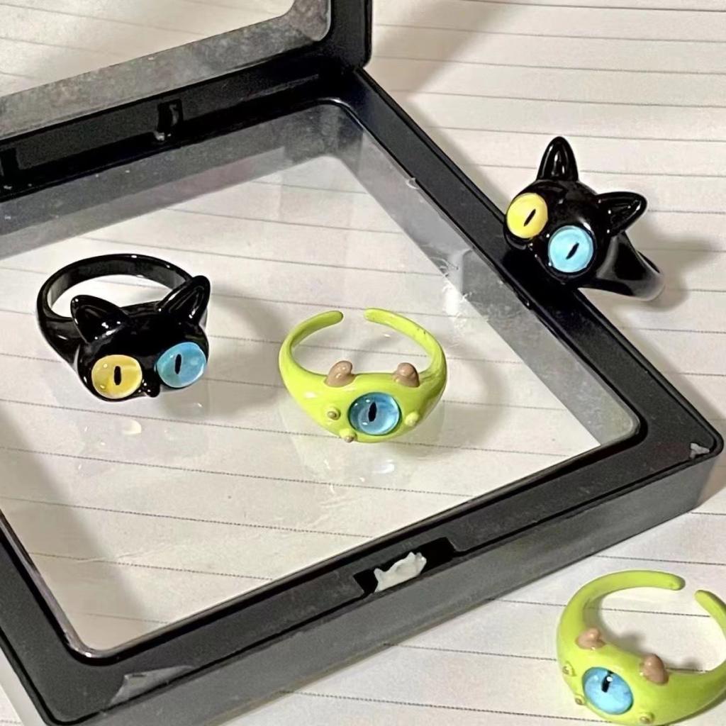 Kartun Hijau Monster Cincin Fashion Manis Dua Warna Mata Kucing Pembukaan Cincin Kekasih Pasangan Cincin Gadis Aksesoris Fashion