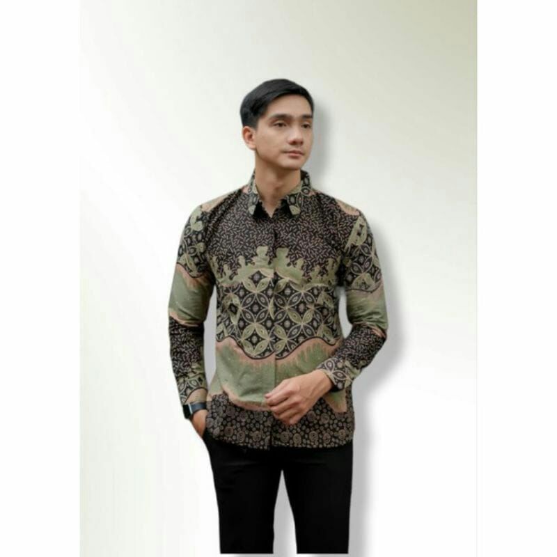 Kemeja Batik Pria Slimfit Motif SAGE GREEN lengan Panjang Lapis Furing