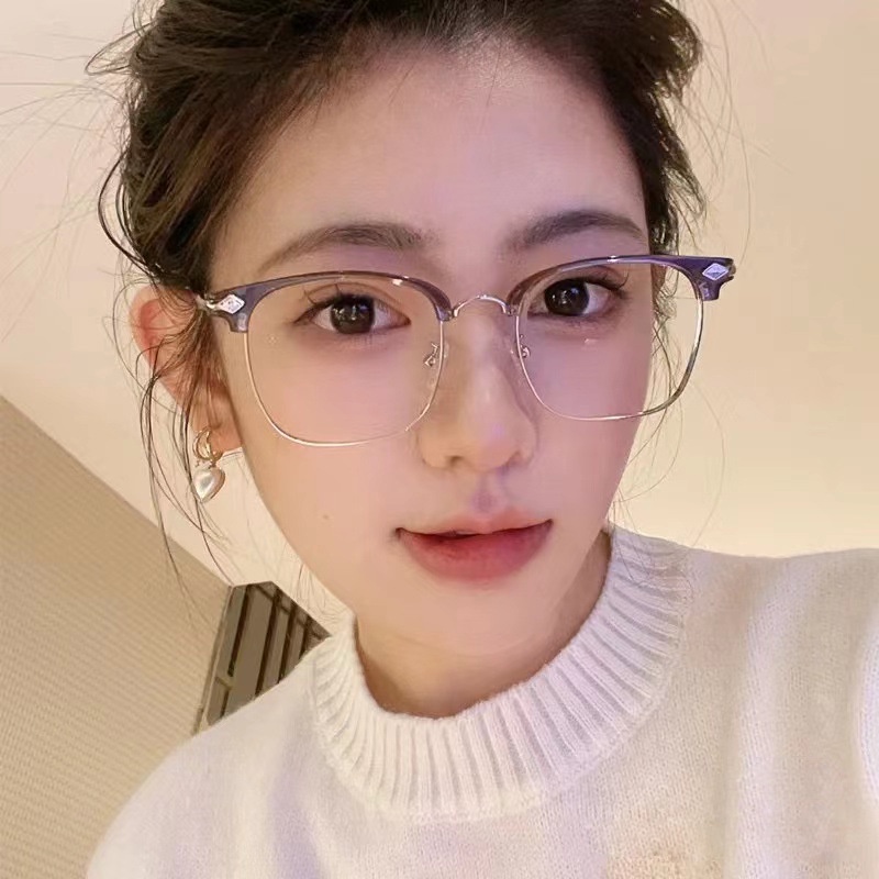 (YUZHU) Kacamata Bingkai Alis Logam Pria Oversized Square Frame Anti Blue Light Eyeglasses Women Dapat Dilengkapi Dengan Half Frame Eyeglasses