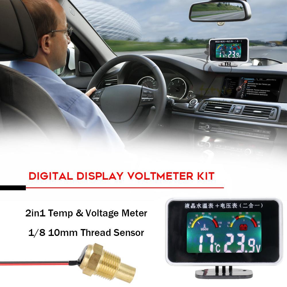 Mobil LCD Digital Display Water Temperature Meter Thermometer Pengukur Tegangan Volt Pengukur 2in1 Suhu &amp; Pengukur Tegangan 10 Mm Sensor Benang