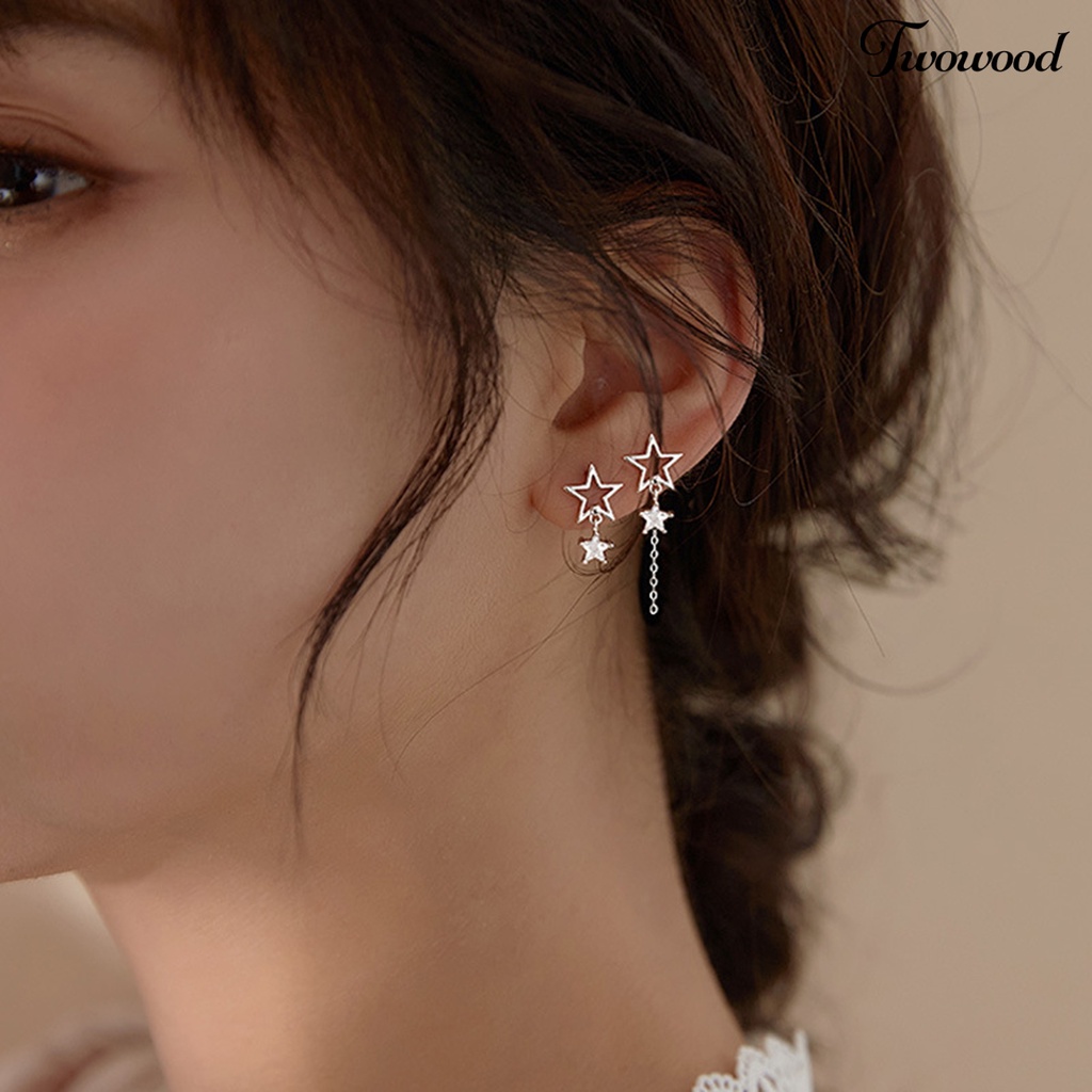 Twowood 1pasang Ear Studs Rantai Bintang Berongga Rumbai Tidak Teratur Warna Emas/Perak Cubic Zirconia Tertanam Bintang Drop Anting-Anting Perhiasan Fashion