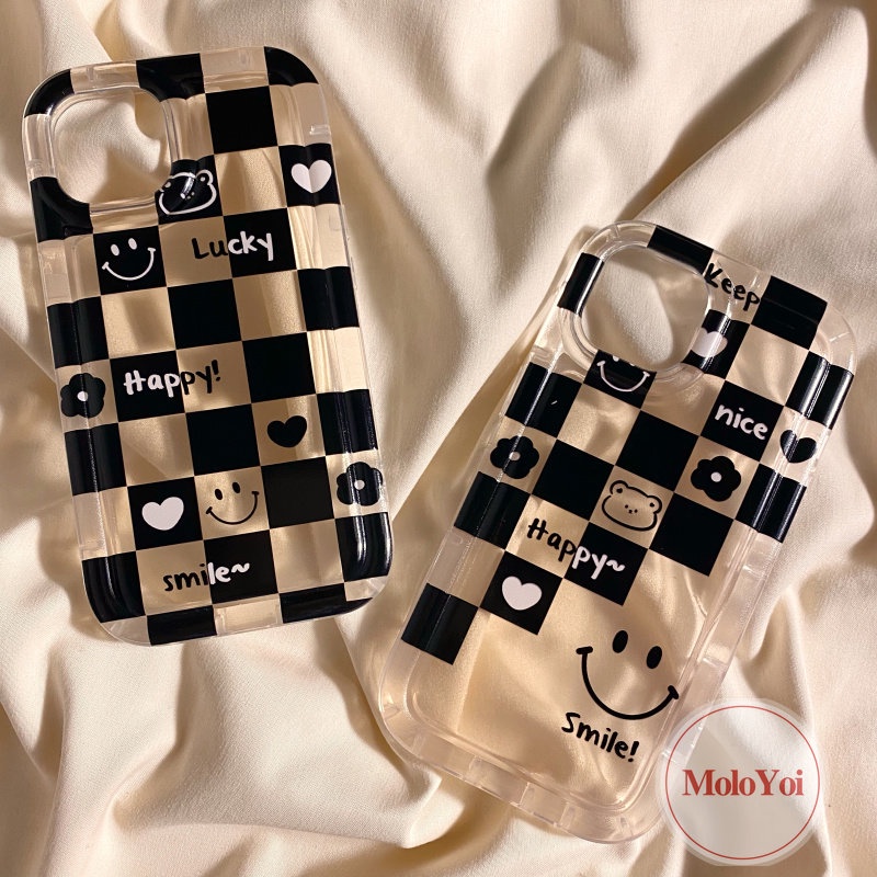 IPHONE Ins Kotak-Kotak Pasangan Case Kompatibel Untuk Iphone14 13 12 Pro Max11 7 8 Plus XR 6 6S Plus X XS MAX Beruang Lucu Cinta Hati Flowers Happy Lucky Smiley Shockproof Airbag Soft Cover