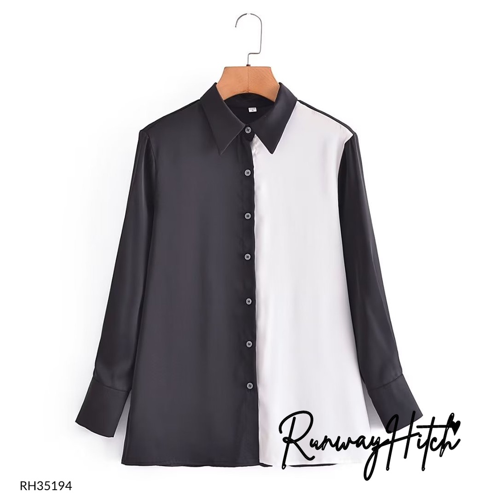 KEMEJA SATIN TWO TONE OVERSIZE RH35194 / KEMEJA SILK MONOKROM HITAM PUTIH