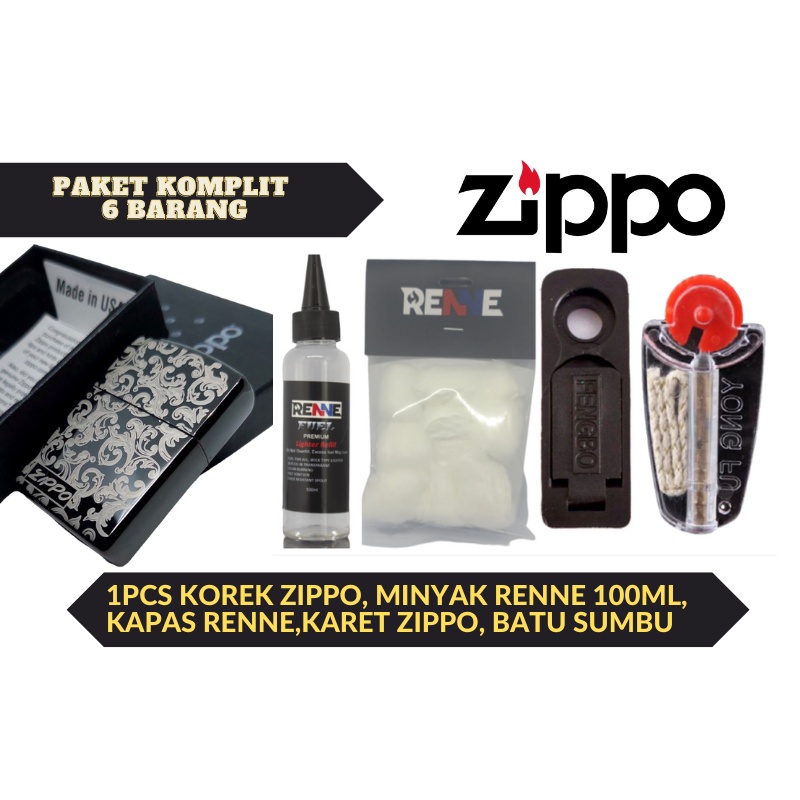 Paket Lengkap  Zippo - Korek Api Zippo Black Ice Batik + Minyak + Batu Sumbu + Tutup Karet + Kapas