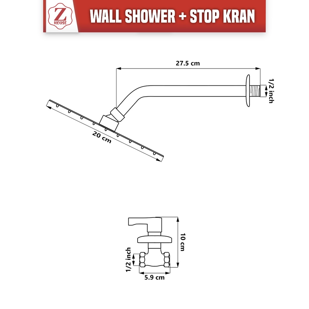 WALLSHOWER TEMBOK MINIMALIS + STOP KRAN/ WALL SHOWER MANDI SET 6*8 INCI STAINLESSSTEEL/ SHOWER TANCAP +WALLSHOWER KEPALA /SHOWER MANDI SETDINDING